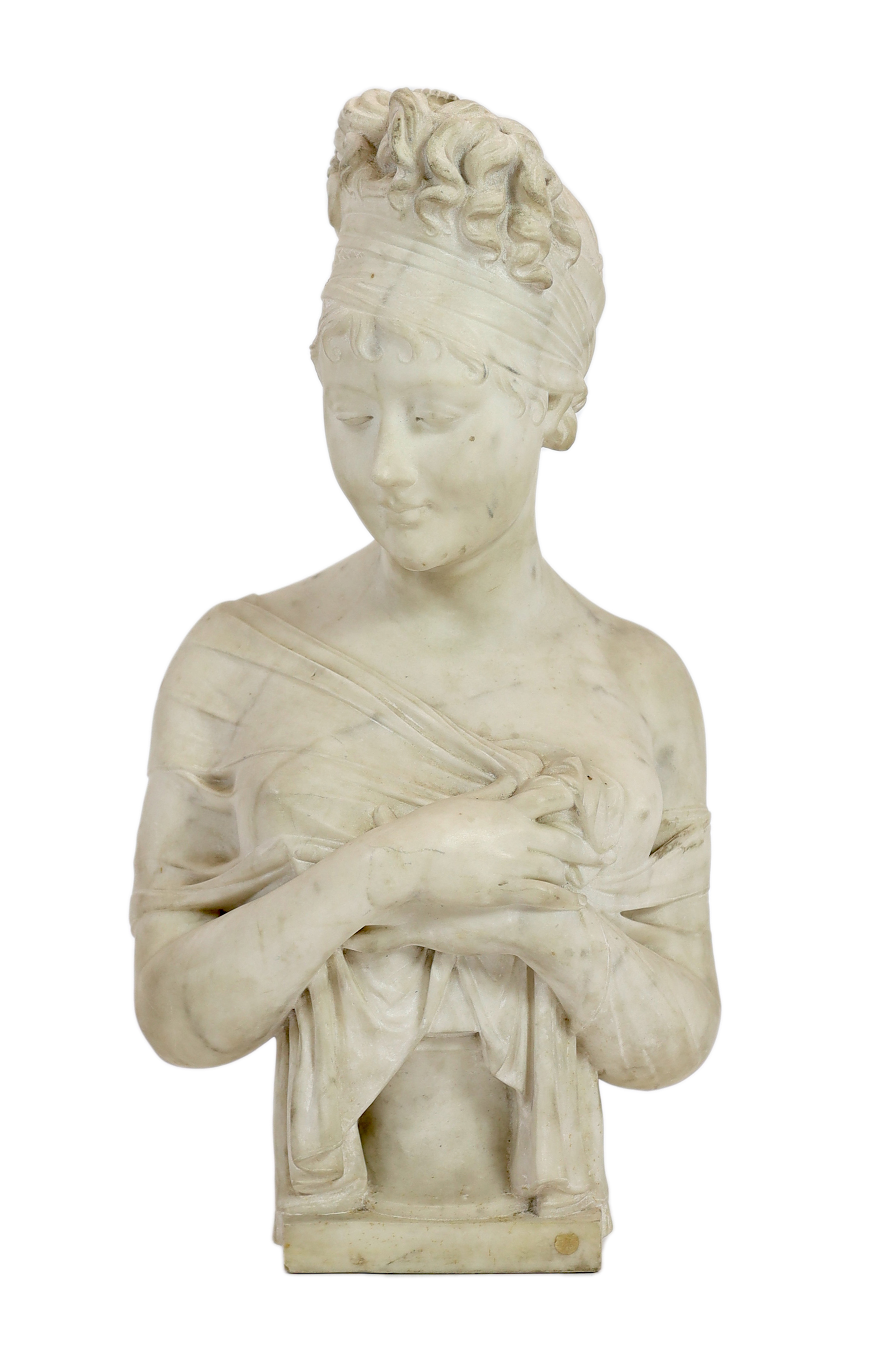 After Joseph Chinard (French 1756-1813). A French white marble bust of Juliette Récamier